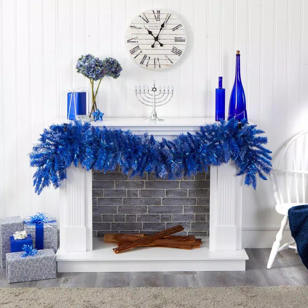 Nearly Natural 6 ft. Blue Flocked Artificial Christmas Garland with 50 Warm White LED Lights