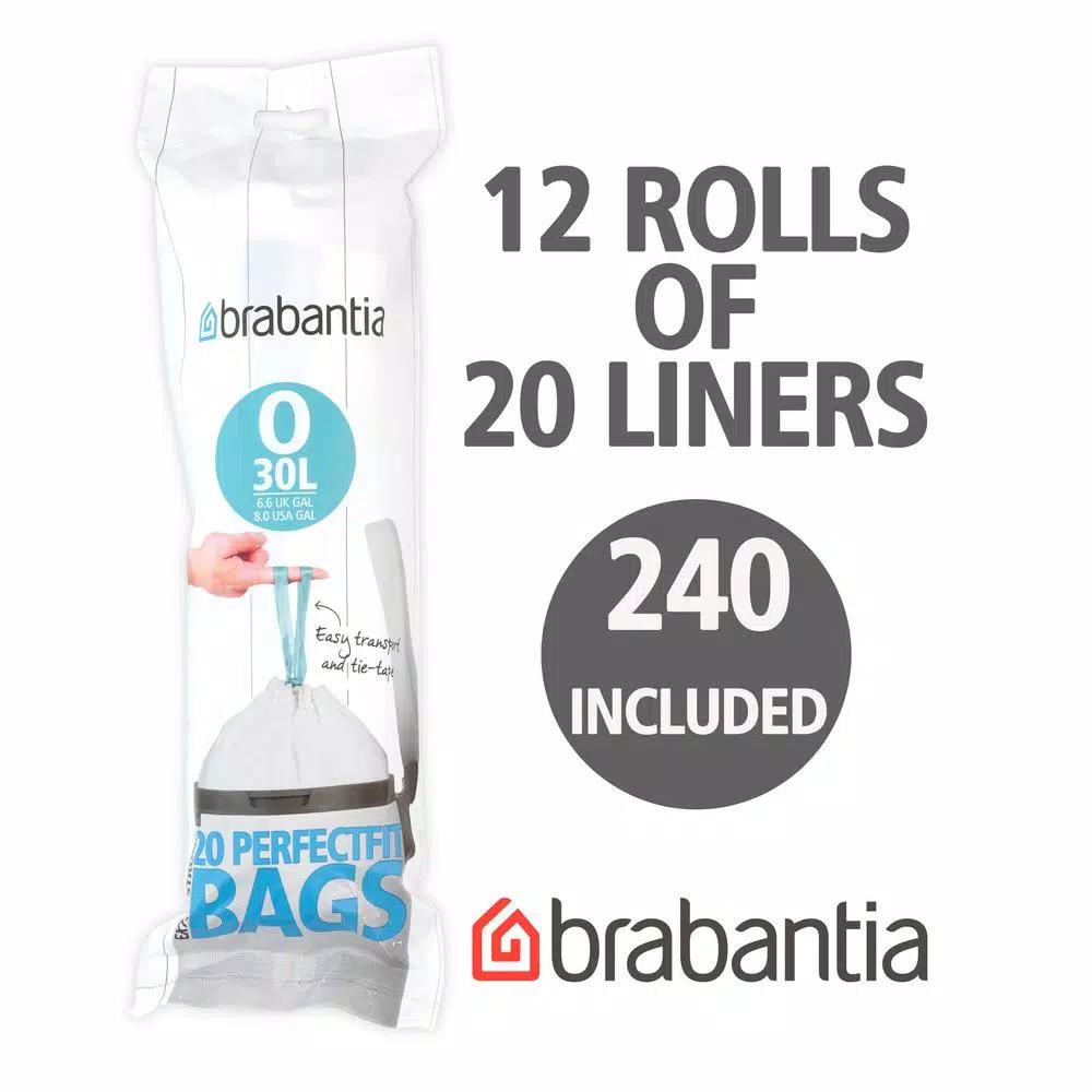 Brabantia PerfectFit Trash Can Liners Code O, 8 Gal (30 L), 240 Count (12 Packs of 20)