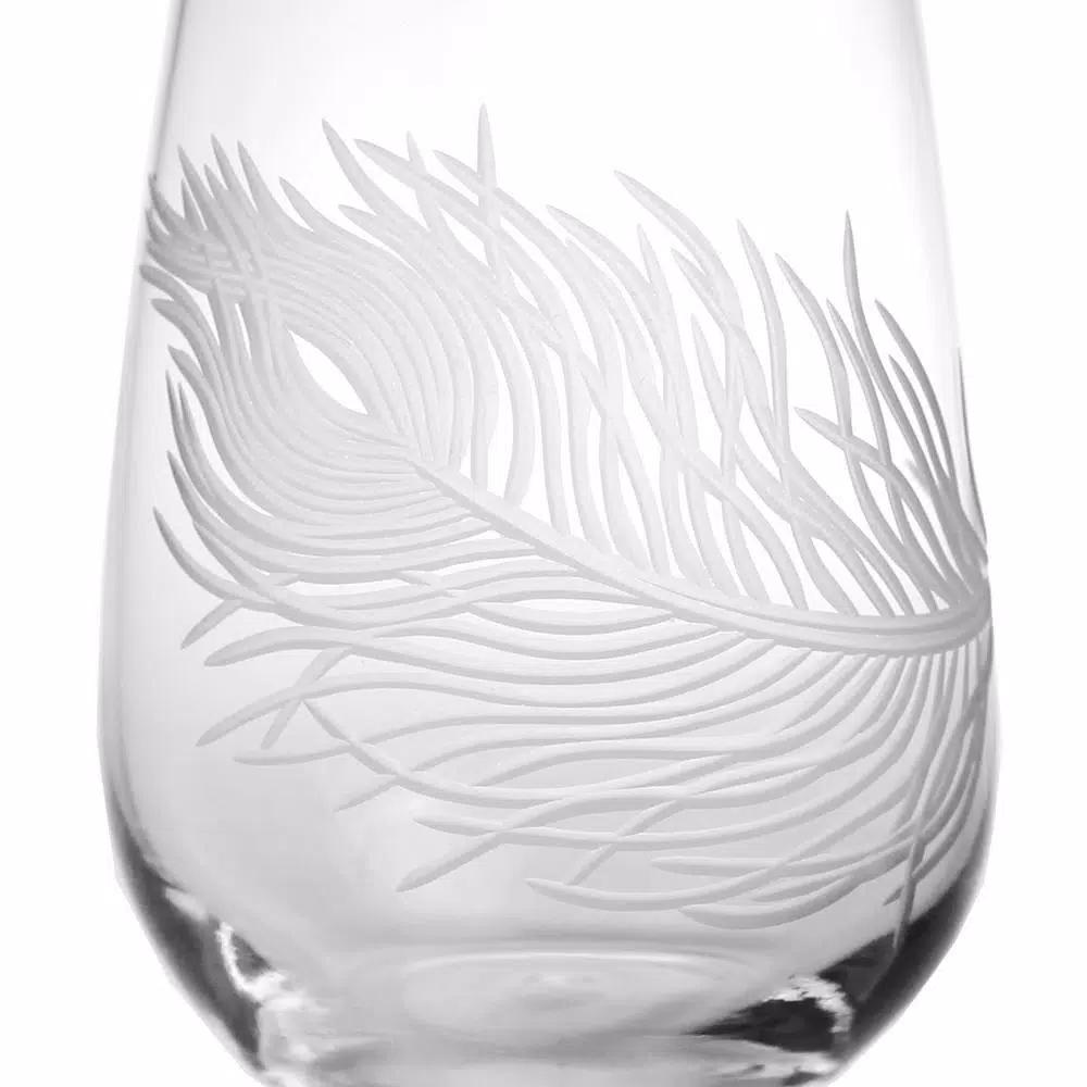 Rolf Glass Peacock Etched Stemless Wine Glass Set of 4, 17 oz Clear Glass Tumblers