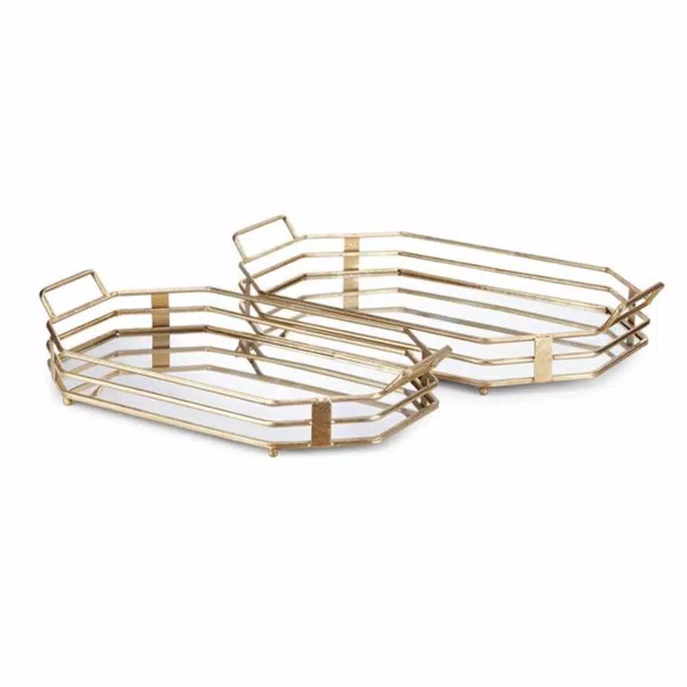 IMAX Piculla Gold Metal Trays Set of 2 - 3-Tier Rustic Decorative Trays with Glass Base