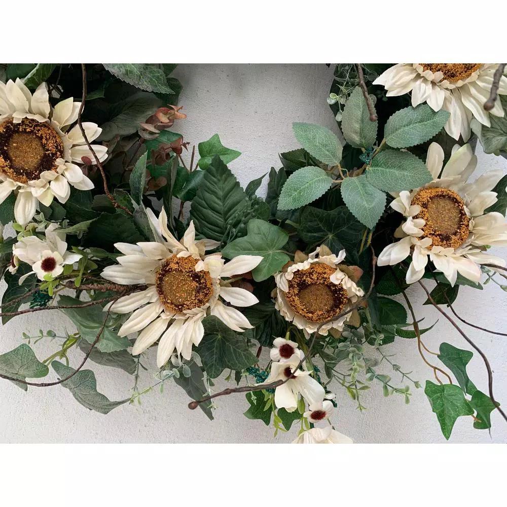 Glitzhome 24 in. Artificial Green Wreath with White Cream Sunflowers and Silk Leaves