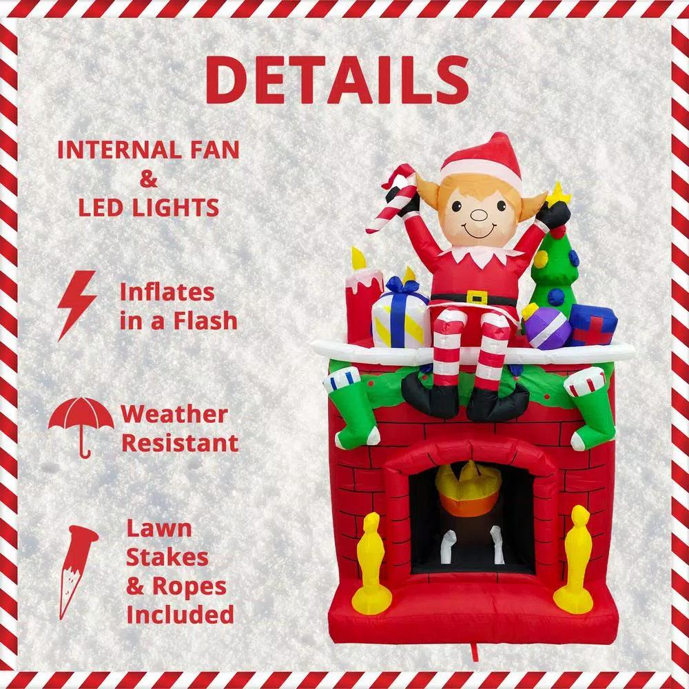 Fraser Hill Farm 6.5 ft. Pre-Lit Elf Sitting on Fireplace Christmas Inflatable