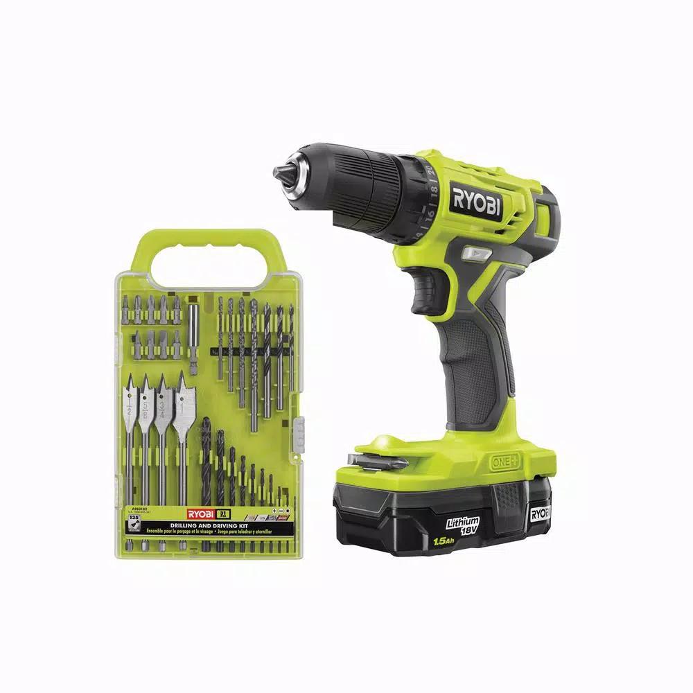 RYOBI 18V ONE+ 3/8 in. Cordless Drill/Driver Kit with 1.5 Ah Battery, Charger, and 31-Piece Black Oxide Bit Set