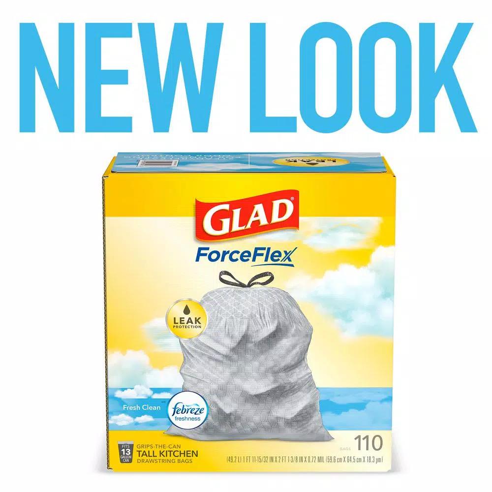 Glad ForceFlex 13 Gallon Tall Kitchen Drawstring Trash Bags, Fresh Clean Scent with Febreze, 110 Count