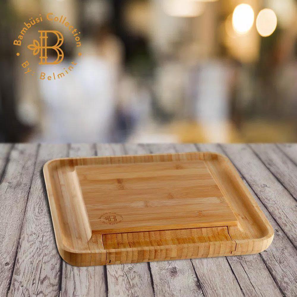 Bambusi Bambsi 100% Natural Bamboo Cheese Board & Cutlery Set with Slide-Out Drawer