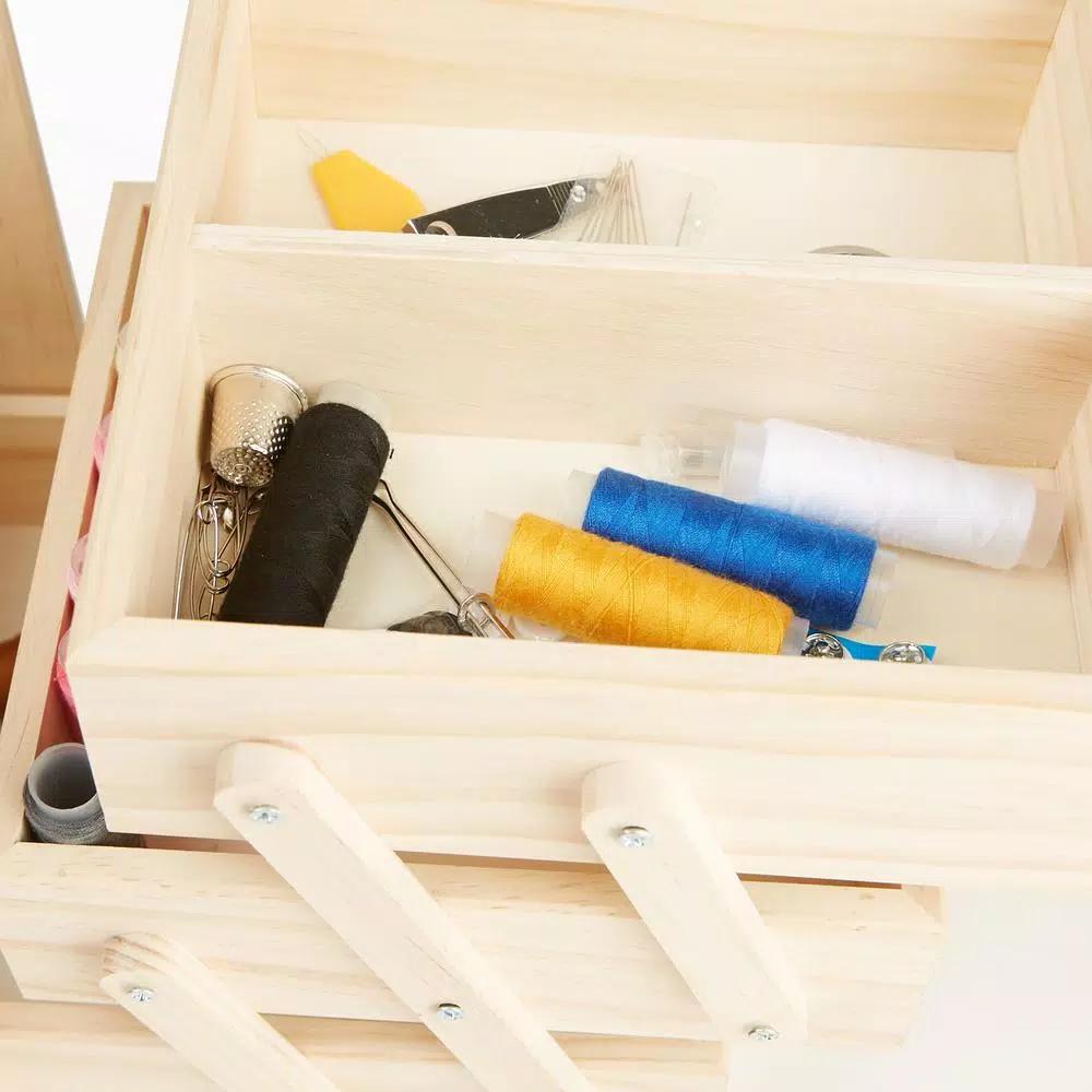 Mind Reader Wooden Sewing Kit Organizer Box for Needles, Thread, and Scissors, Brown