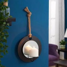 DANYA B Algarve Black Round Pillar Candle Sconce with Mirror and Rope thumbnail 2