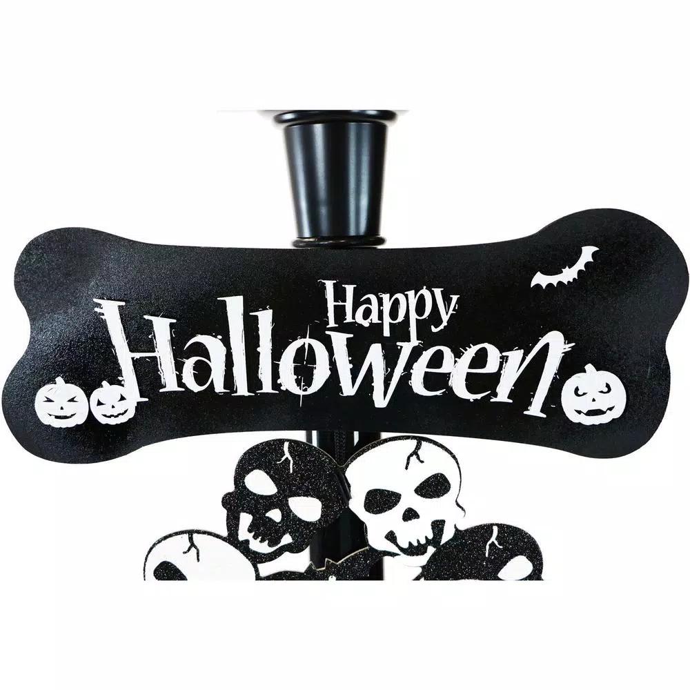 Haunted Hill Farm 71 in. Black Animated Skull Lamp Post with Spooky Music