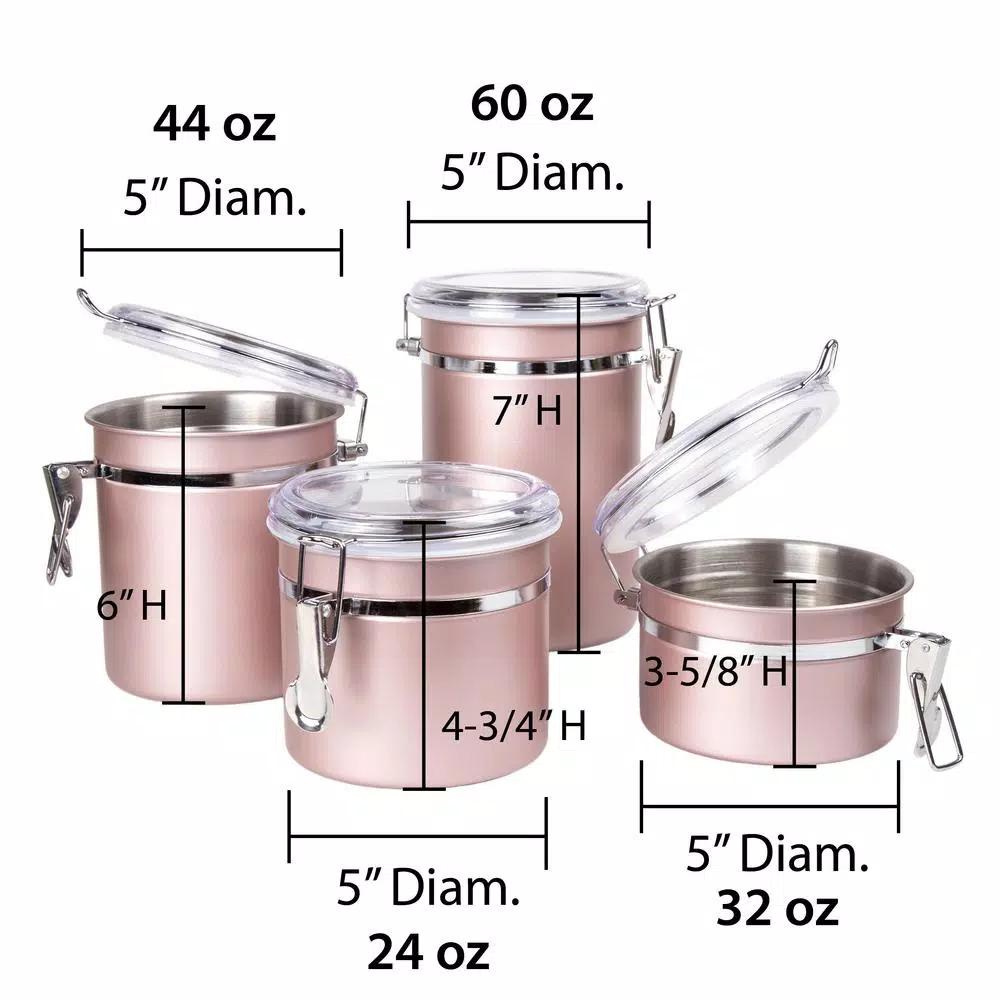 Creative Home Rose Gold Stainless Steel Canister Set, 4-Piece Airtight Food Storage Containers with Locking Clamp