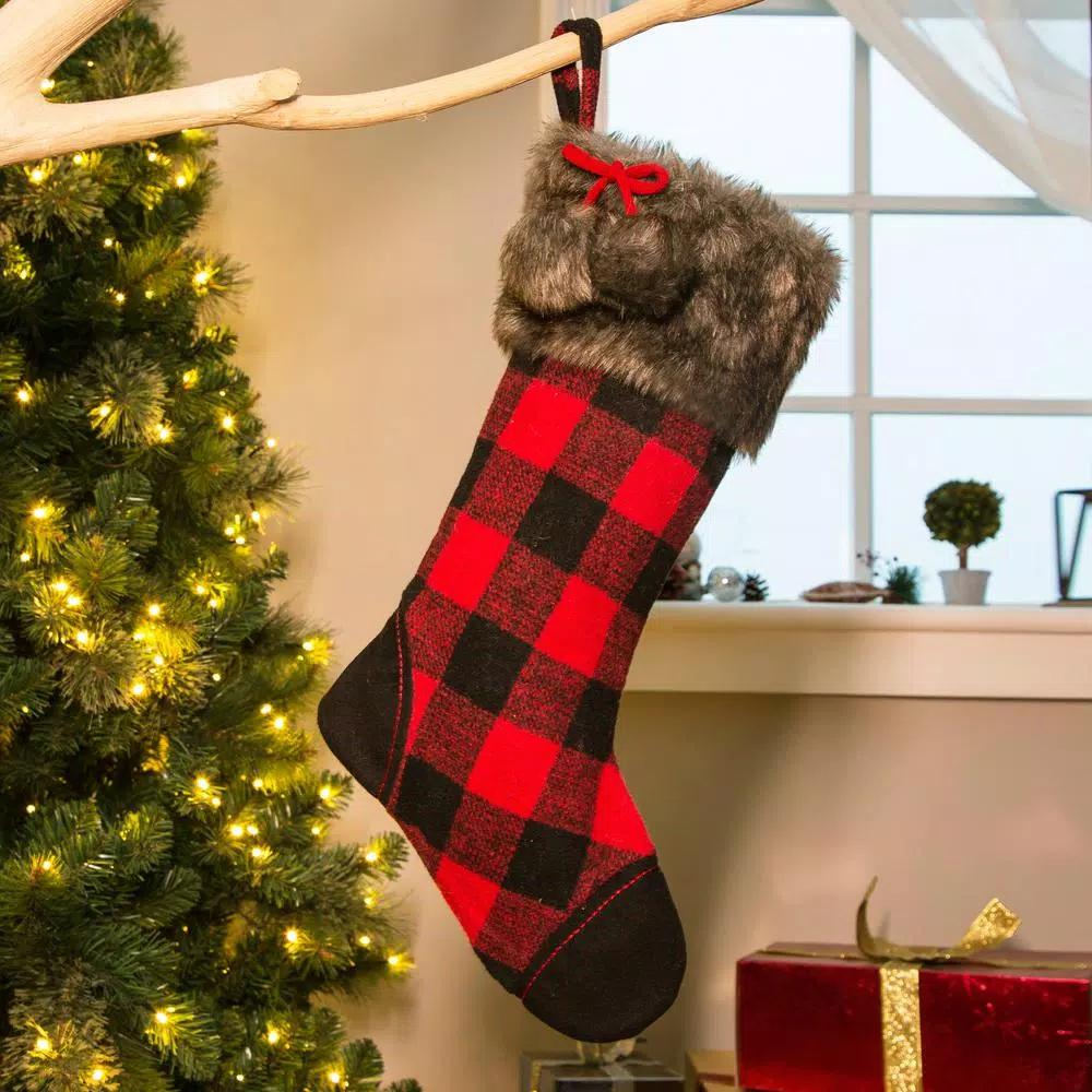 Glitzhome 21 in. Buffalo Plaid Christmas Stocking - Black and Red Polyester Fur