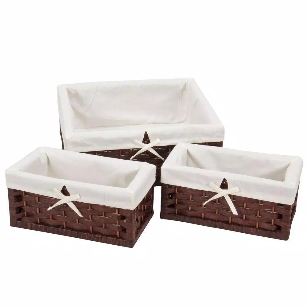 Household Essentials Brown Paper Rope Wicker Utility Basket Set with Washable Cotton Liners (Set of 3)