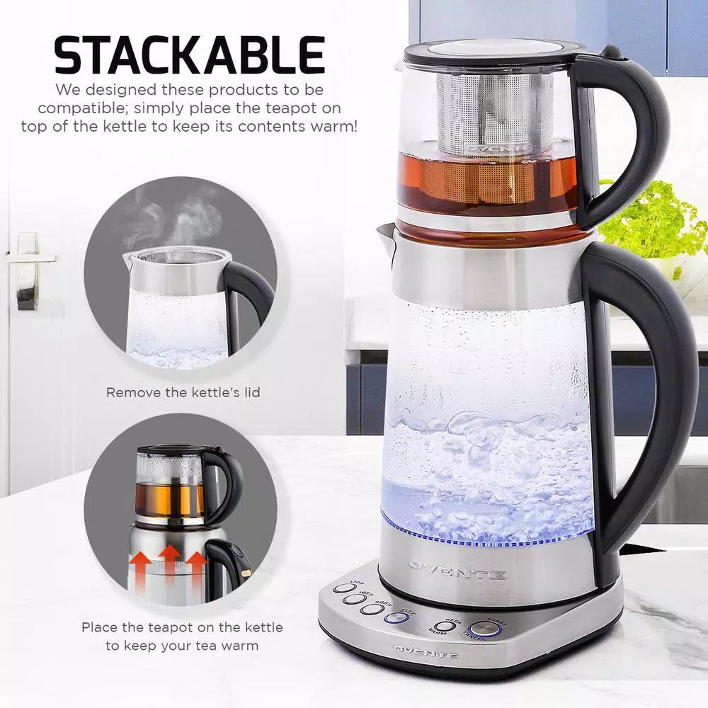 Ovente 1.7L Stainless Steel Glass Electric Kettle with ProntoFill Technology and 27-Oz Teapot Bundle