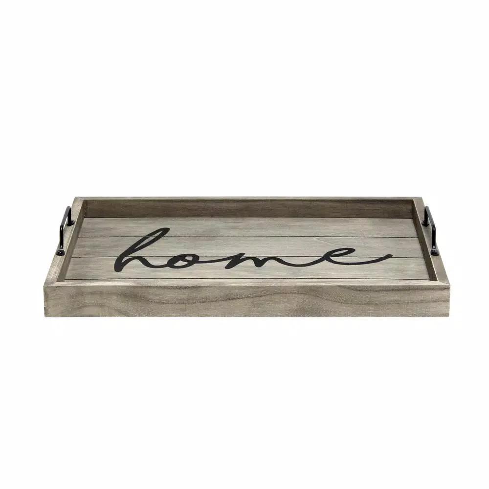 Elegant Designs Rustic Gray Wooden Decorative Serving Tray with Black Metal Handles