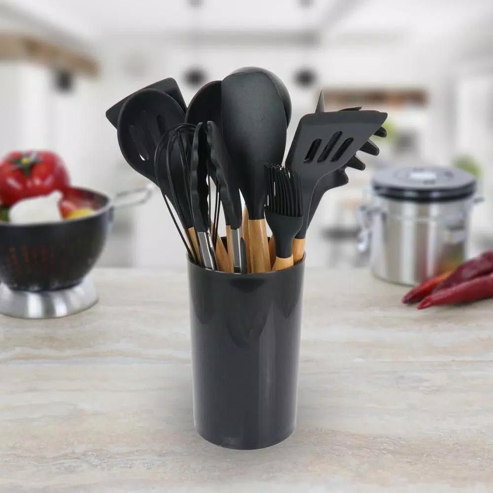 MegaChef 12-Piece Black Silicone and Wood Kitchen Utensil Set
