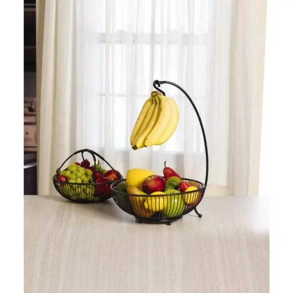 Gourmet Basics by Mikasa Mikasa Gourmet Basics Spindle 2-Tier Fruit Basket with Banana Hook, Wrought Iron