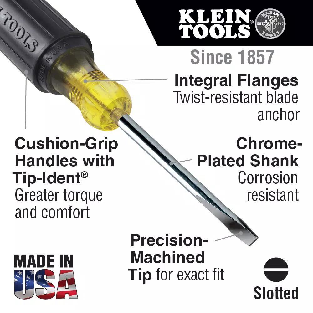 Klein Tools 1/4 in. Flat Head Screwdriver with 4 in. Square Shank and Cushion Grip