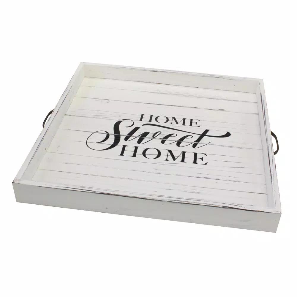 Stonebriar Collection Stonebriar Rustic White Wood Decorative Serving Tray with Metal Handles