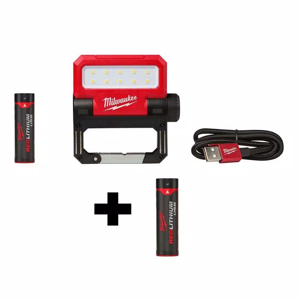 Milwaukee 550 Lumen REDLITHIUM USB Rechargeable Pivoting LED Flood Light with 2 Batteries