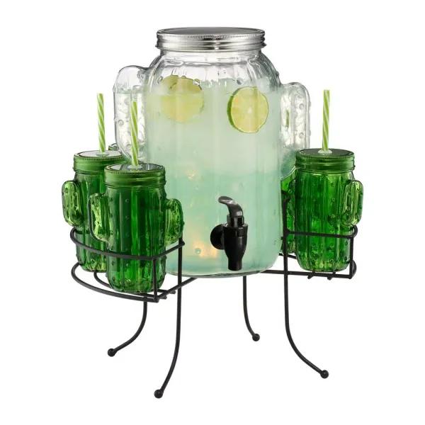 Artland Cactus 9-Piece Beverage Dispenser Set with 6 Sipper Glasses and Wrought Iron Stand