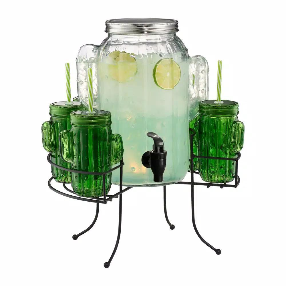 Artland Cactus 9-Piece Beverage Dispenser Set with 6 Sipper Glasses and Wrought Iron Stand
