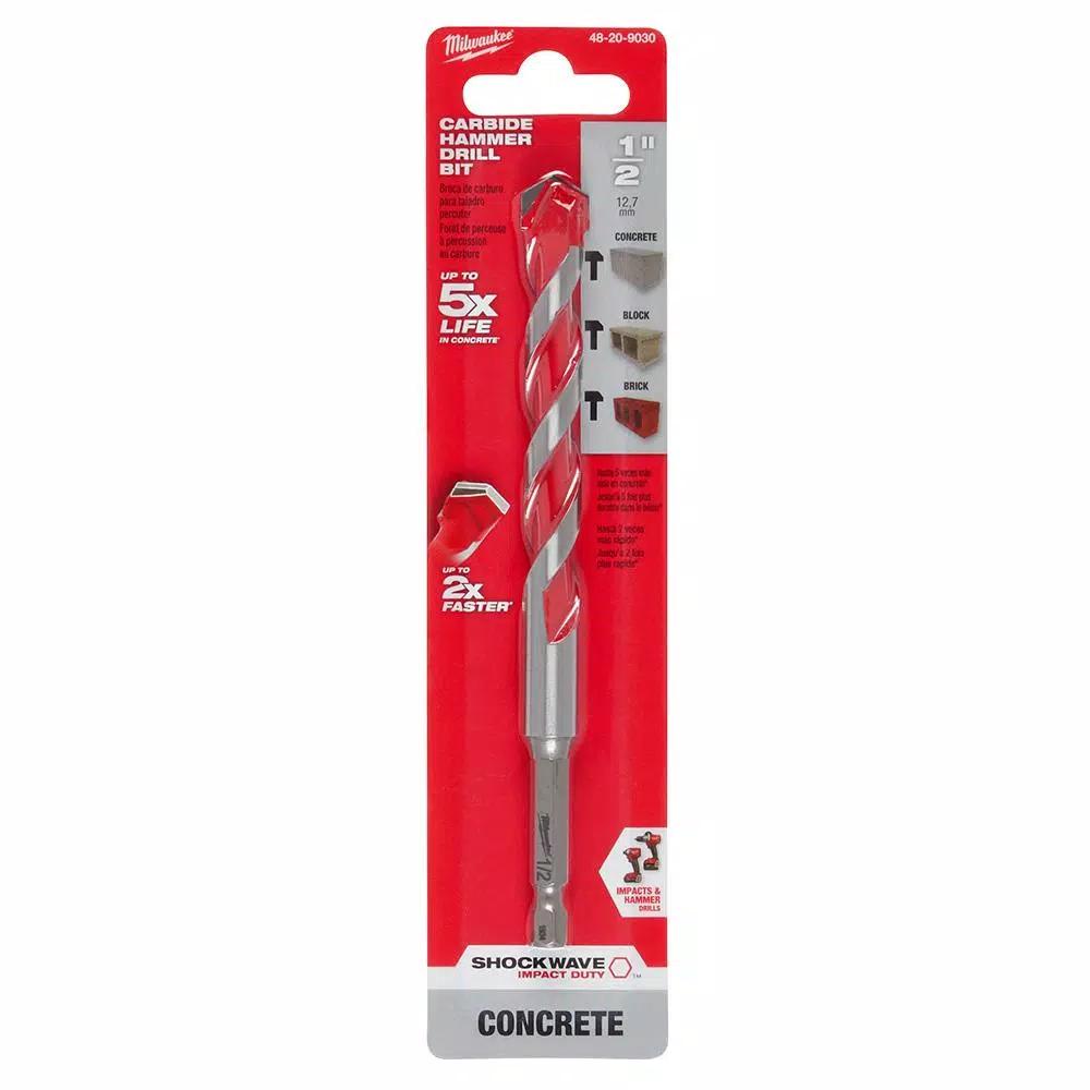 Milwaukee SHOCKWAVE 1/2 in. Carbide Hammer Drill Bit, 6 in. Length, 1/4 in. Hex Shank