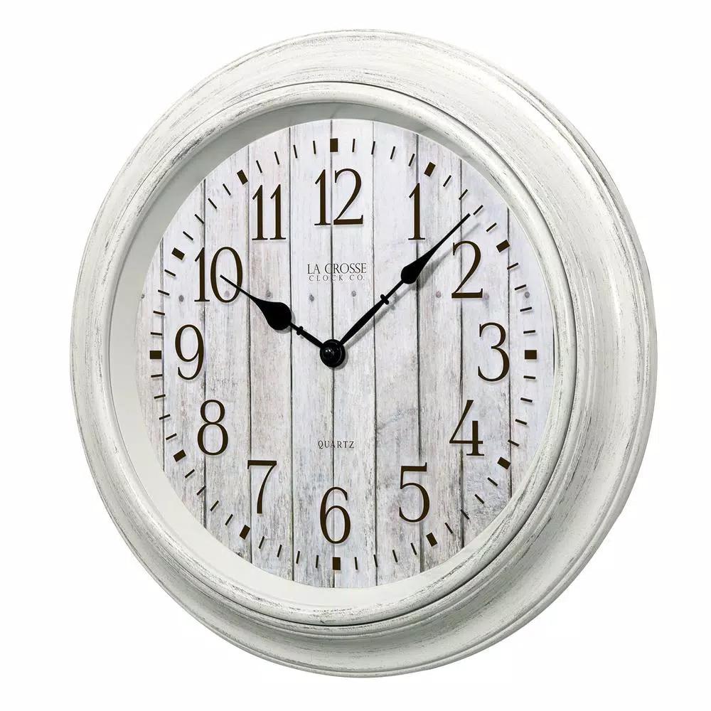 La Crosse Technology 14 in. Round White Distressed Barn Wood Style Wall Clock with Quartz Movement