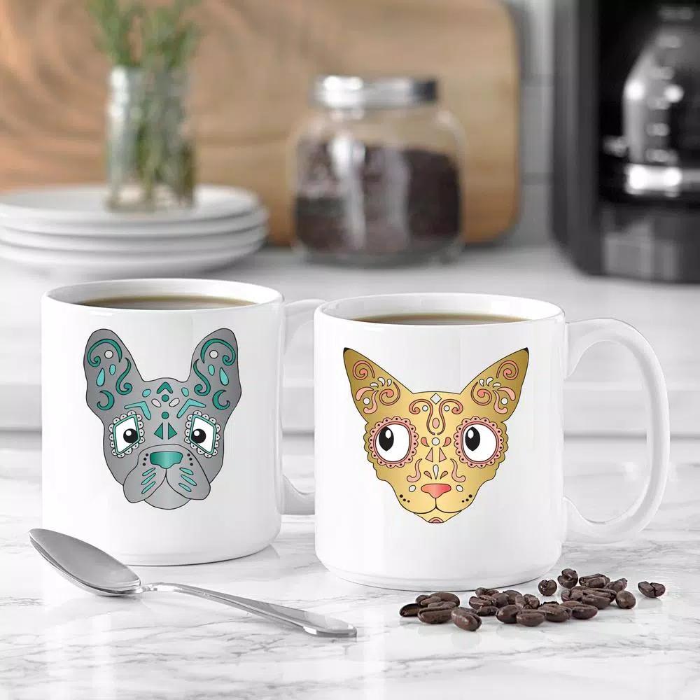 Cathy's Concepts Sugar Skull Pet Halloween Ceramic Coffee Mugs, Set of 2, 20 oz.
