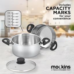 Mockins 3-Piece Stainless Steel Steamer Pot Set with 3 Qt. Saucepot and 2 Qt. Steamer Insert thumbnail 4