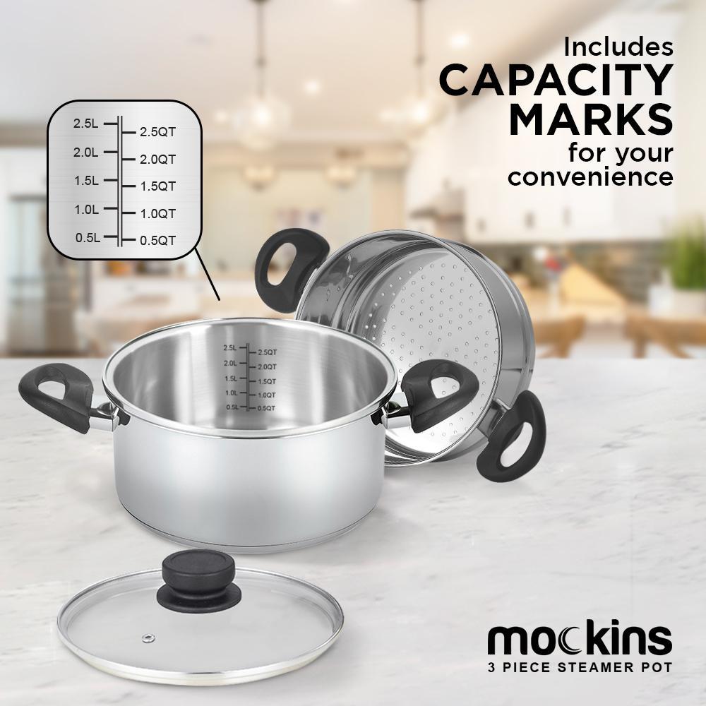 Mockins 3-Piece Stainless Steel Steamer Pot Set with 3 Qt. Saucepot and 2 Qt. Steamer Insert