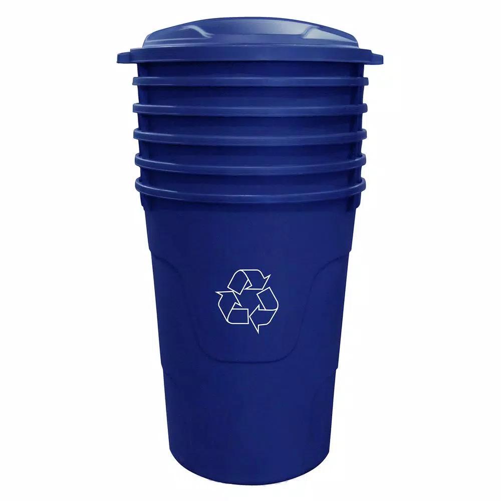 HDX Otto 32 Gal. Blue Round Plastic Recycling Bin with Lid and Recycling Logo