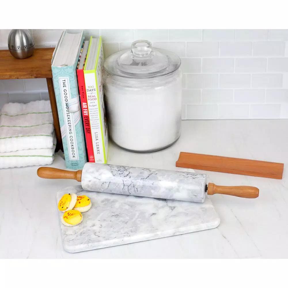 Unbranded White Marble Rolling Pin with Wooden Handles and Rolling Pin Rest