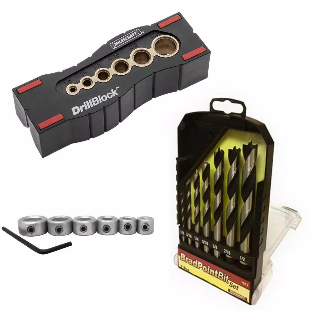 Milescraft Precise Drilling Bundle: DrillBlock Guide, Brad Point Bit Set, and Drill Stop Set