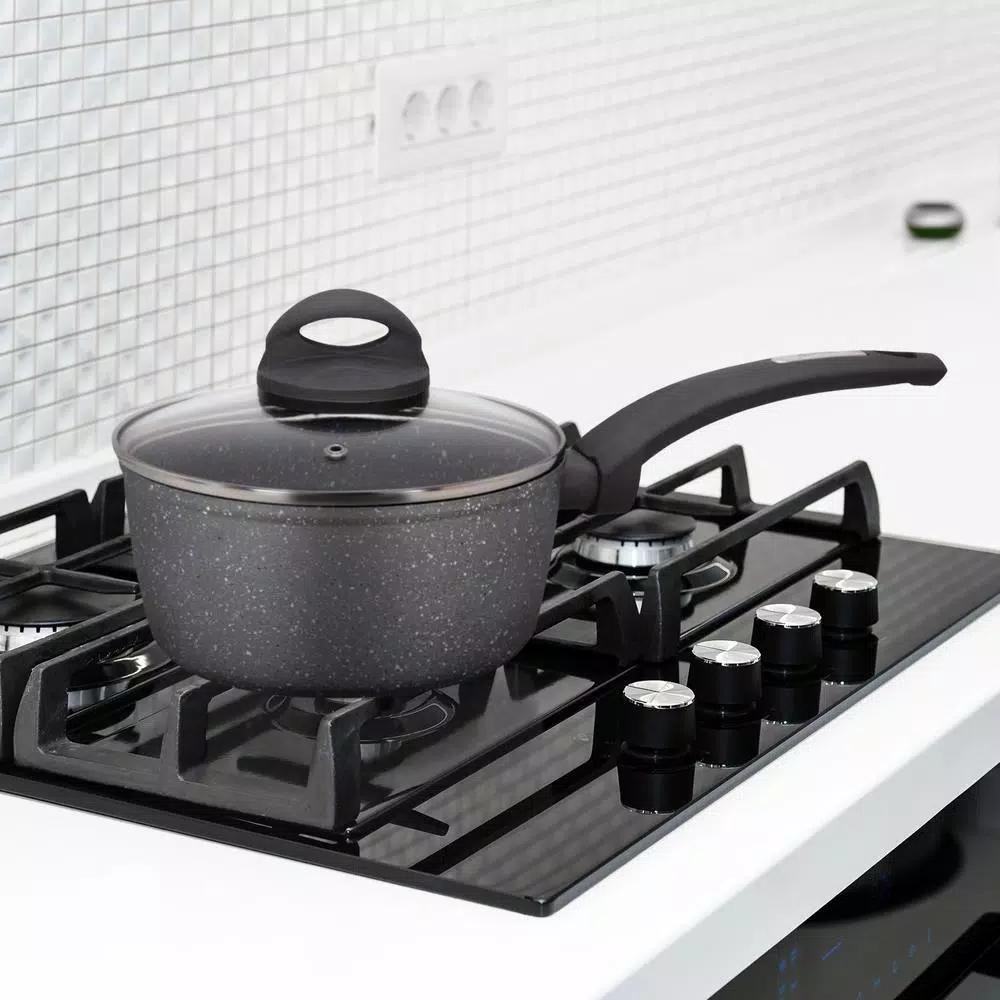 AMERCOOK Lava Stone 7 qt. Aluminum Nonstick Saucepan with Glass Lid, Gray