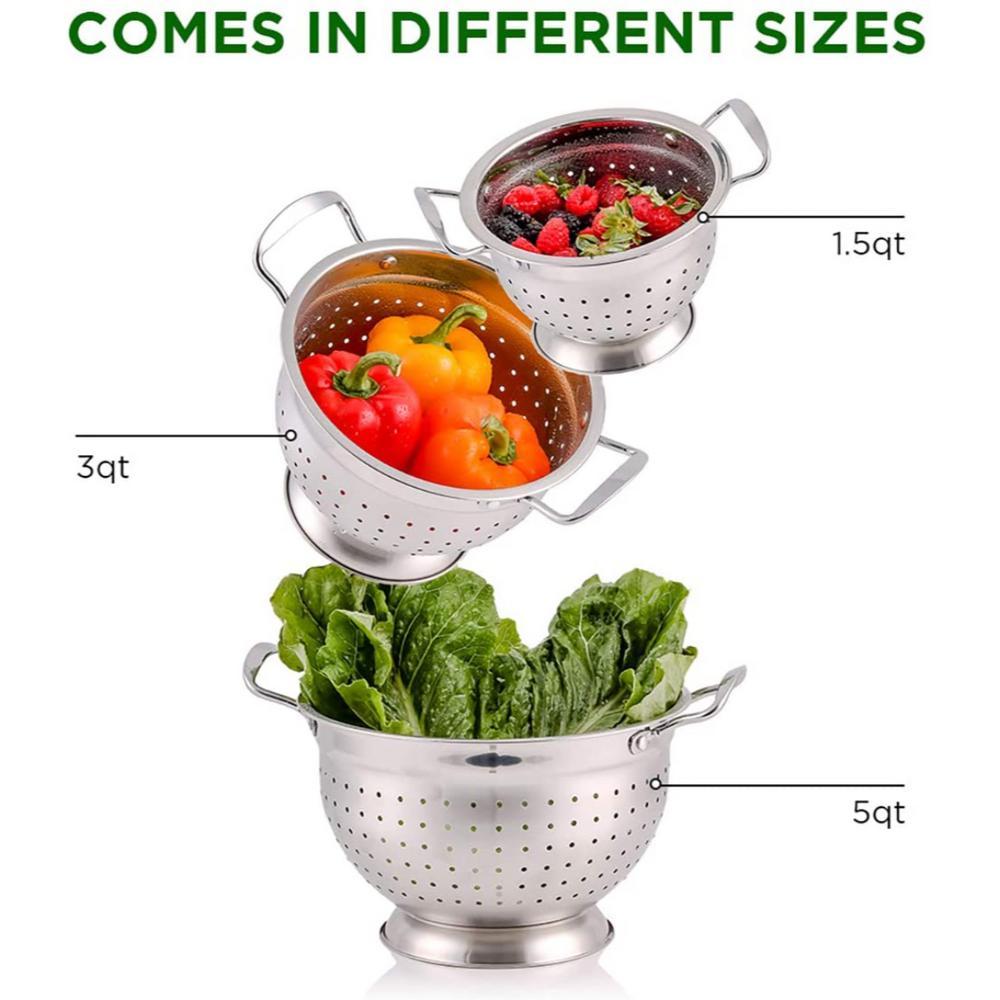 Ovente 3-Piece Stainless Steel Colander Set - 1.5qt, 3qt, 5qt - Dishwasher Safe