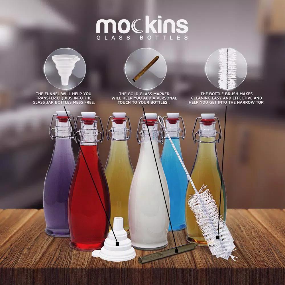 Mockins 17 oz. Glass Bottles with Swing Top Stoppers - Set of 6 with Funnel, Brush, and Gold Marker