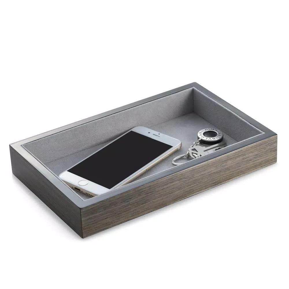 BEY-BERK Lacquered Ash Wood Open Face Valet Tray with Velour Lining - Gray