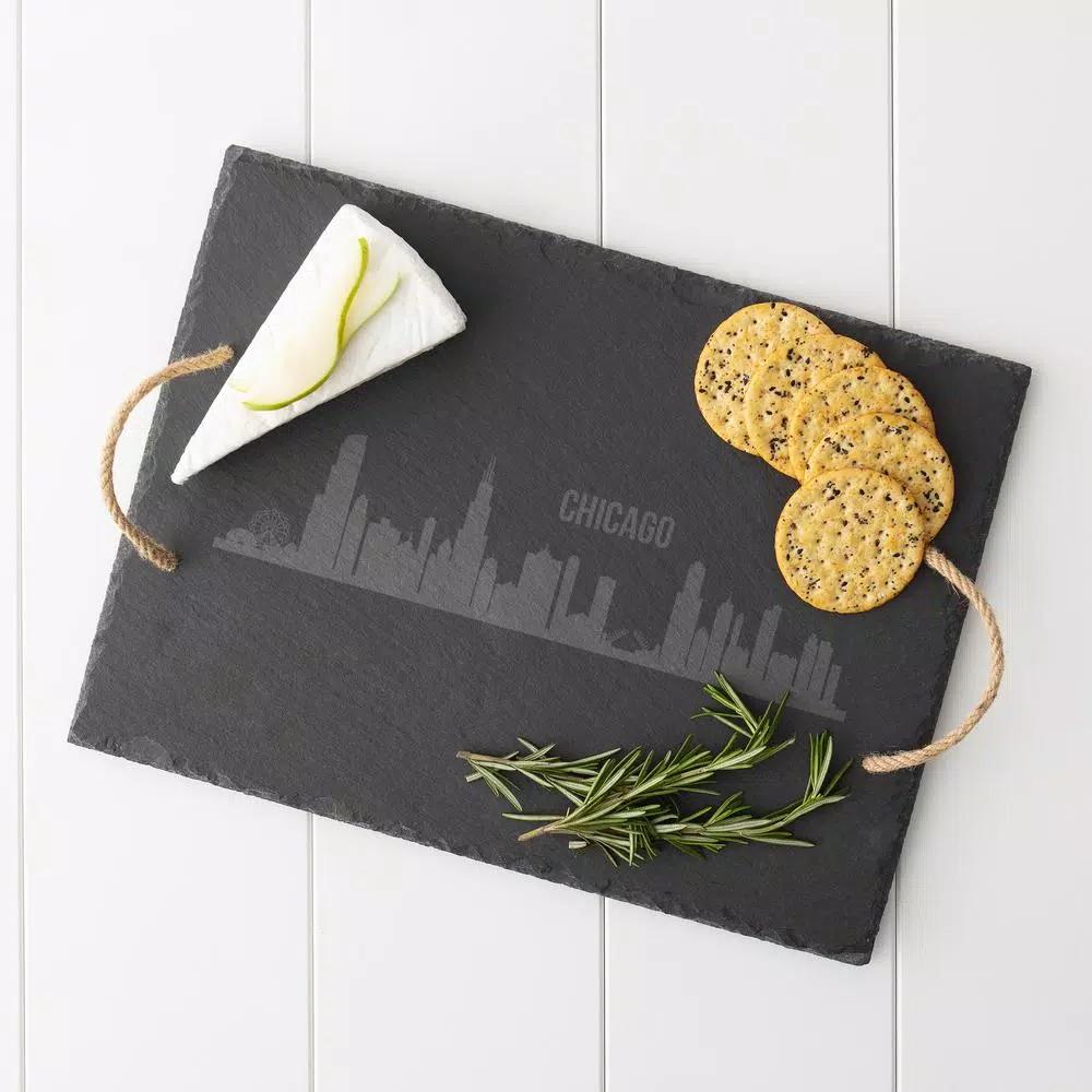 Cathy's Concepts Chicago Skyline Black Slate Serving Tray with Hemp Handles