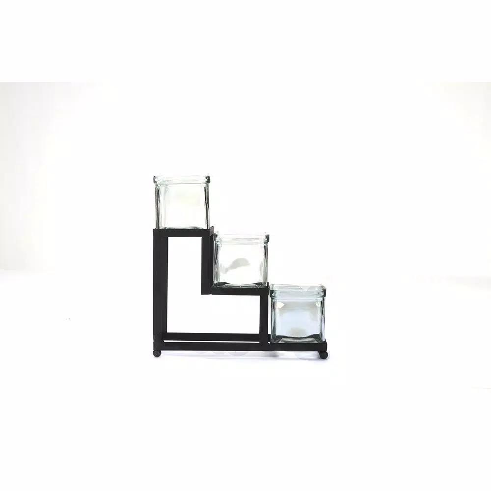 Mind Reader 3-Tier Black Metal Condiment Server with 3 Removable 8 oz. Glass Jars