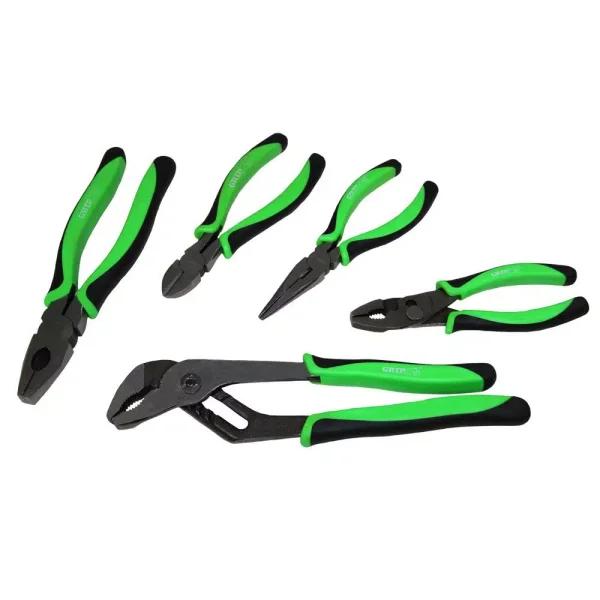 Grand Rapids Industrial Products 5-Piece Multi-Purpose Pliers Set, Drop Forged Heat Treated Steel, Green and Black