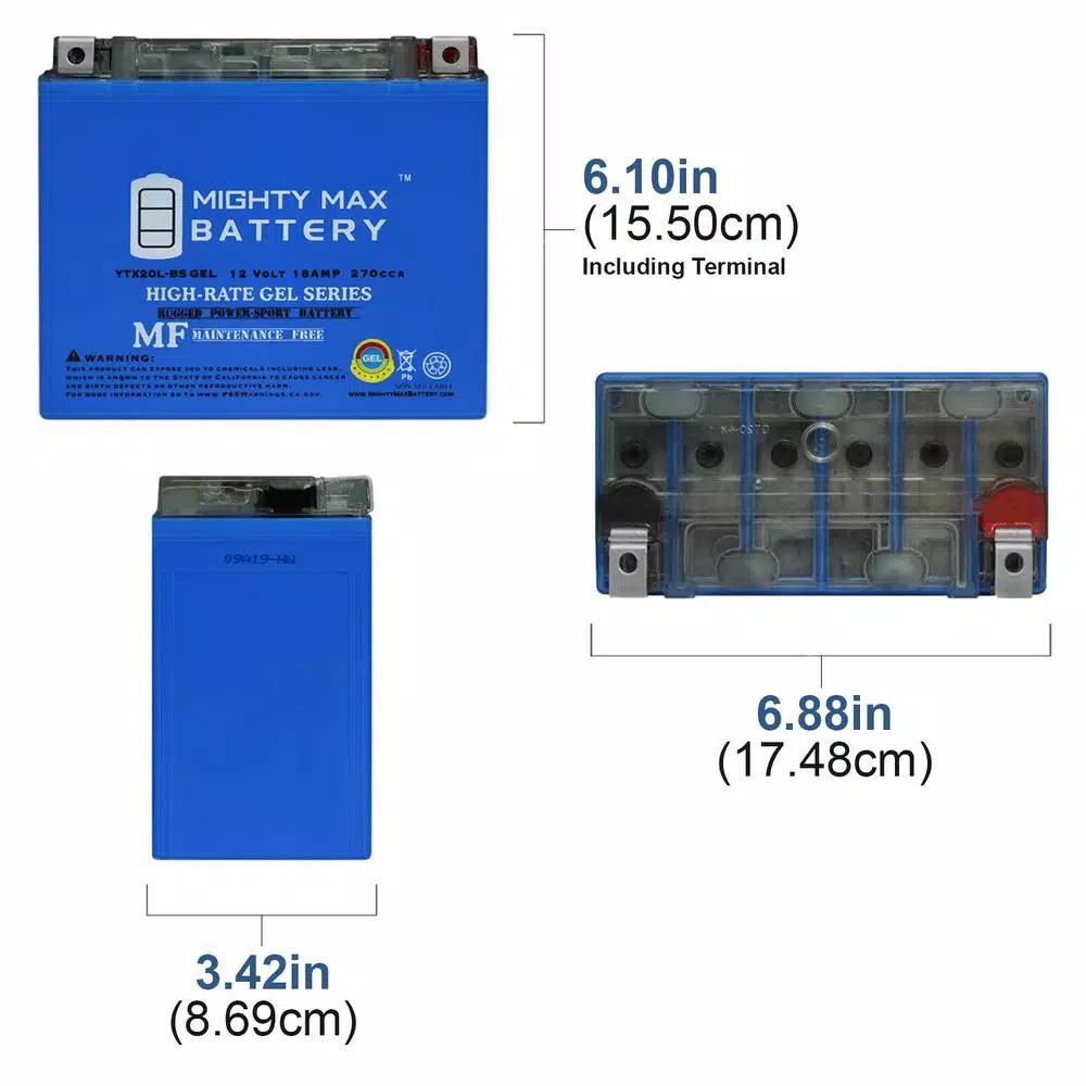 MIGHTY MAX BATTERY Mighty Max YTX20L-BS GEL 12V 18Ah 270 CCA Rechargeable Sealed Lead Acid Powersport Battery