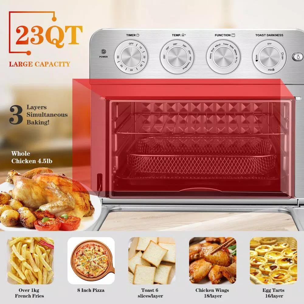 Boyel Living 24 Qt. Silver Stainless Steel Air Fryer Toaster Oven with 1700W Power and 4 Accessories