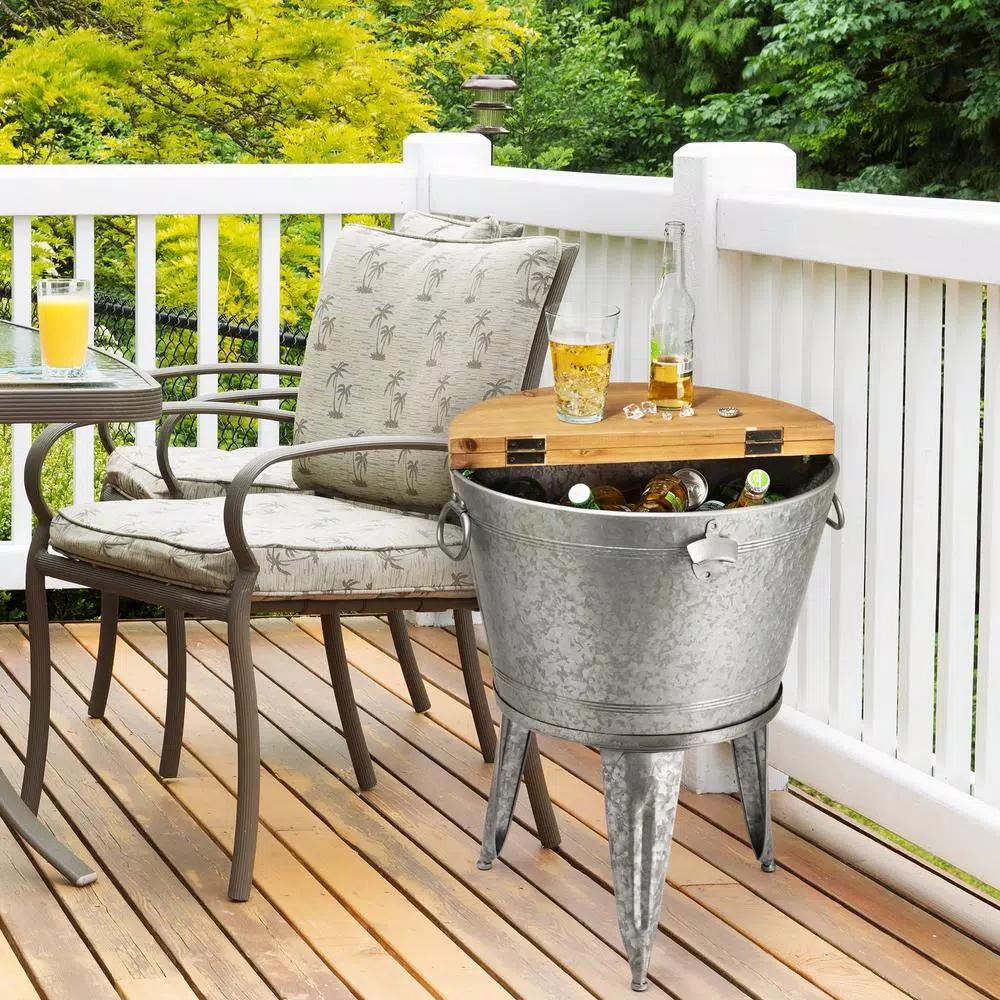 Glitzhome 26.29 in. Gray Galvanized Metal Beverage Tub with Firwood Lid and Metal Stand