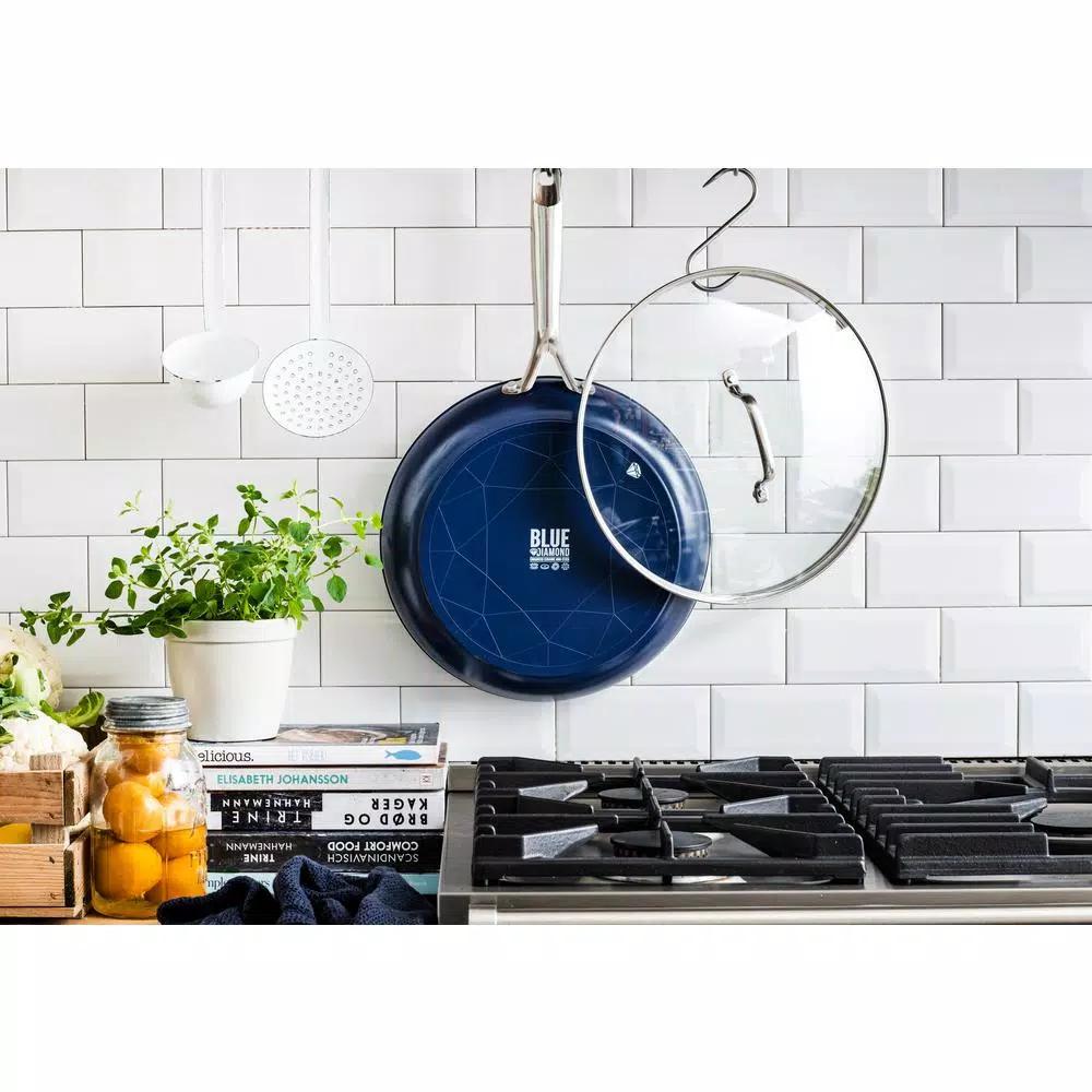 Blue Diamond 12 in. Aluminum Ceramic Nonstick Frying Pan with Glass Lid, Blue
