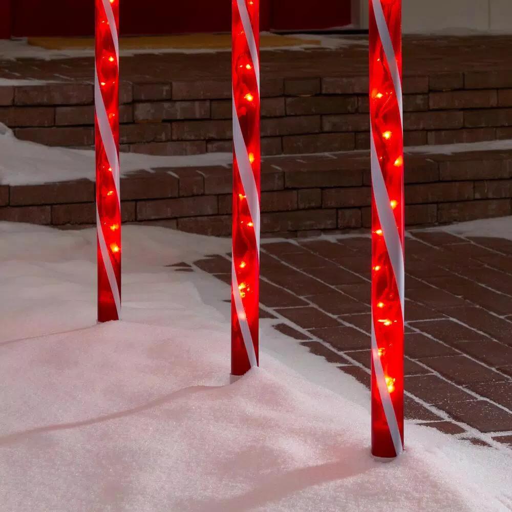 Home Accents Holiday 4 ft. Lighted Candy Cane Pathway Stakes, Set of 3, Red and White Incandescent Lights