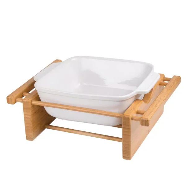 Creative Home Grand Buffet 9 in. Square Stoneware Casserole Dish with Bamboo Cradle