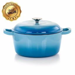 MegaChef 5 Qt. Round Enameled Cast Iron Casserole Dish with Lid, Blue thumbnail 1