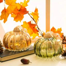 Glitzhome Set of 2 Green and Amber Crackle Glass Short Pumpkins, 4.72 in. Handmade Fall Decor thumbnail 8