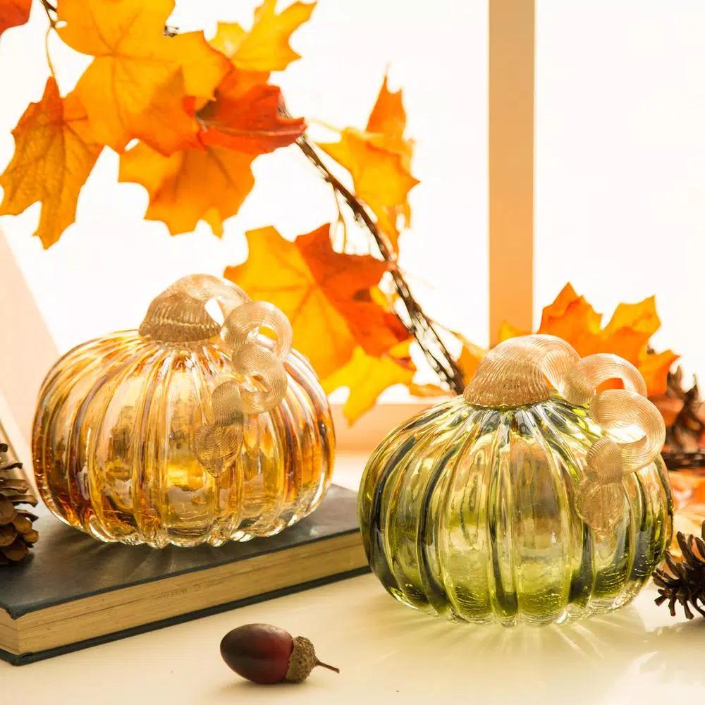 Glitzhome Set of 2 Green and Amber Crackle Glass Short Pumpkins, 4.72 in. Handmade Fall Decor
