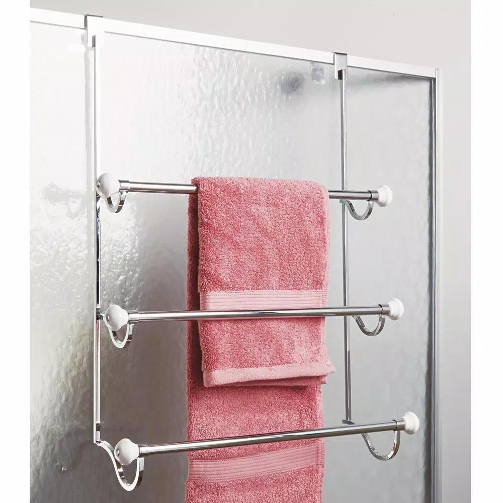interDesign York Over Shower Door Towel Rack, 3-Bar Stainless Steel Organizer in White and Chrome