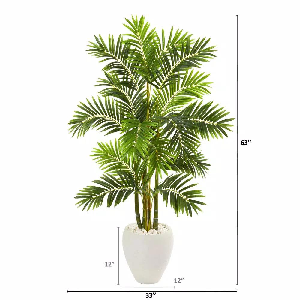 Nearly Natural 63 in. Artificial Areca Palm Tree with White Planter
